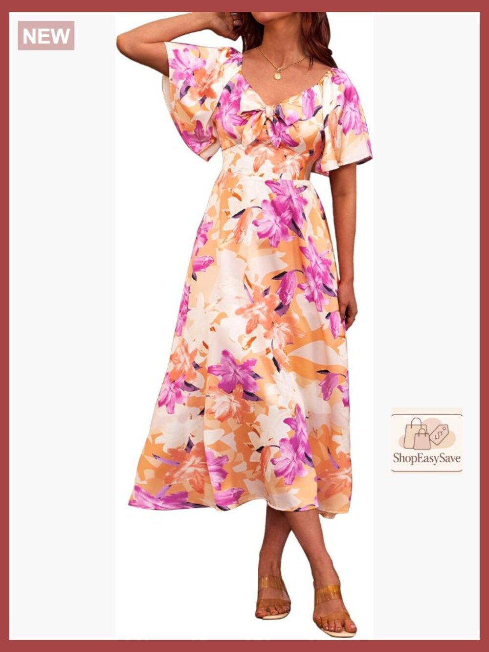 Floral Satin Maxi Dress Elegant Bow Tie Front Cap Sleeve Smocked Back